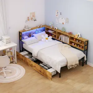 Corner Bed Frame with Storage Bookcase, Twin Daybed with Storage Drawers Underneath, Kids Bed Unit with Charging Station and LED Light