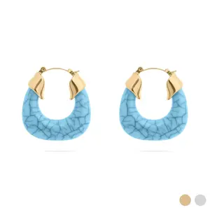 18K Gold PVD Turquoise Chunky Hoop Earrings Hypoallergenic Stainless Steel Non Tarnish Lightweight Statement Jewelry with Gold Accents and Crumble Finish