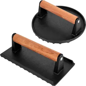 Blackstone Burger Press Set - 7" Round smash burger press & 8.3"x4.3" Rectangle Cast Iron Grill Press with Wooden Handle - Smasher is  for Blackstone Griddle, Pitboss Weber Griddle Grills