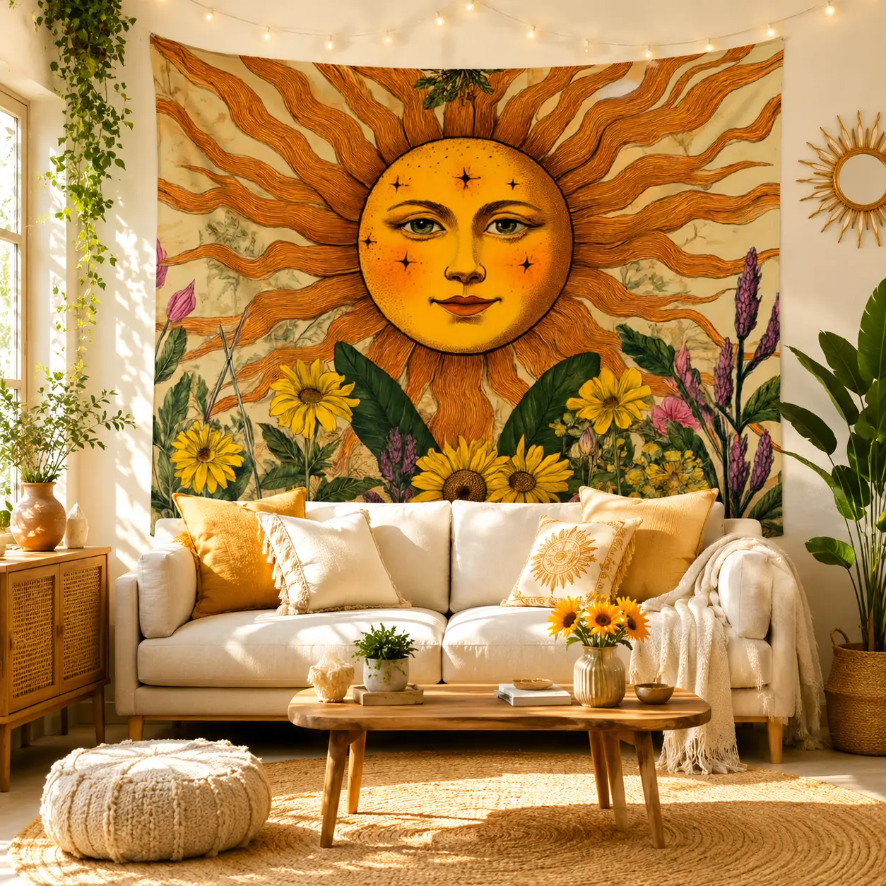 2D Flat, Vertical Bohemian Wall Tapestry - Rustic Vintage Botanical & Sun Art Suitable for Dorm Room Decor, Gypsy Hanging for Indoor Spaces, Spring Plant Gift, Vertical Hanging for Narrow Walls (Polyester), 2D Flat