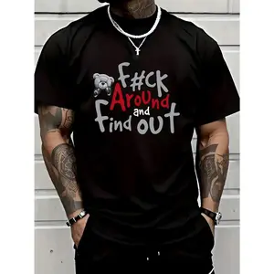 T-Shirt With Boxer Bear Graphic - FK AROUND AND FIND OUT Print, Black, Short Sleeve, Round Neck, Machine Washable, All-Season  Golf Gift T-Shirt For Men And Women