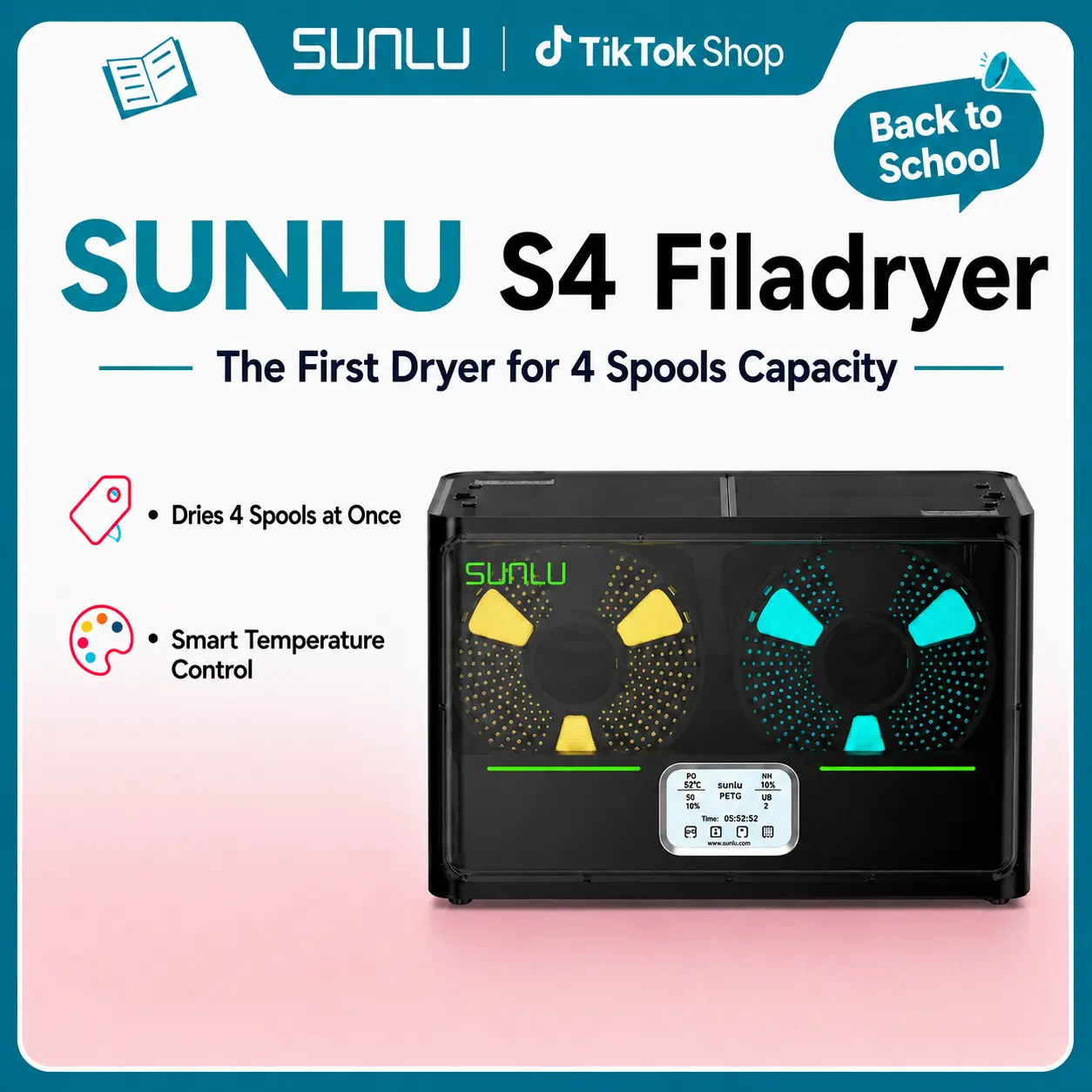 SUNLU Filadryer S4,Four-Spool 3D Printer Dehydrator with Rapid Heating, Auto Humidity Control Advanced Triple Fan Upgrade,Compatible with PLA,PETG,ABS,TPU,PA tiktokshopbacktoschool,back to school,back to school haul