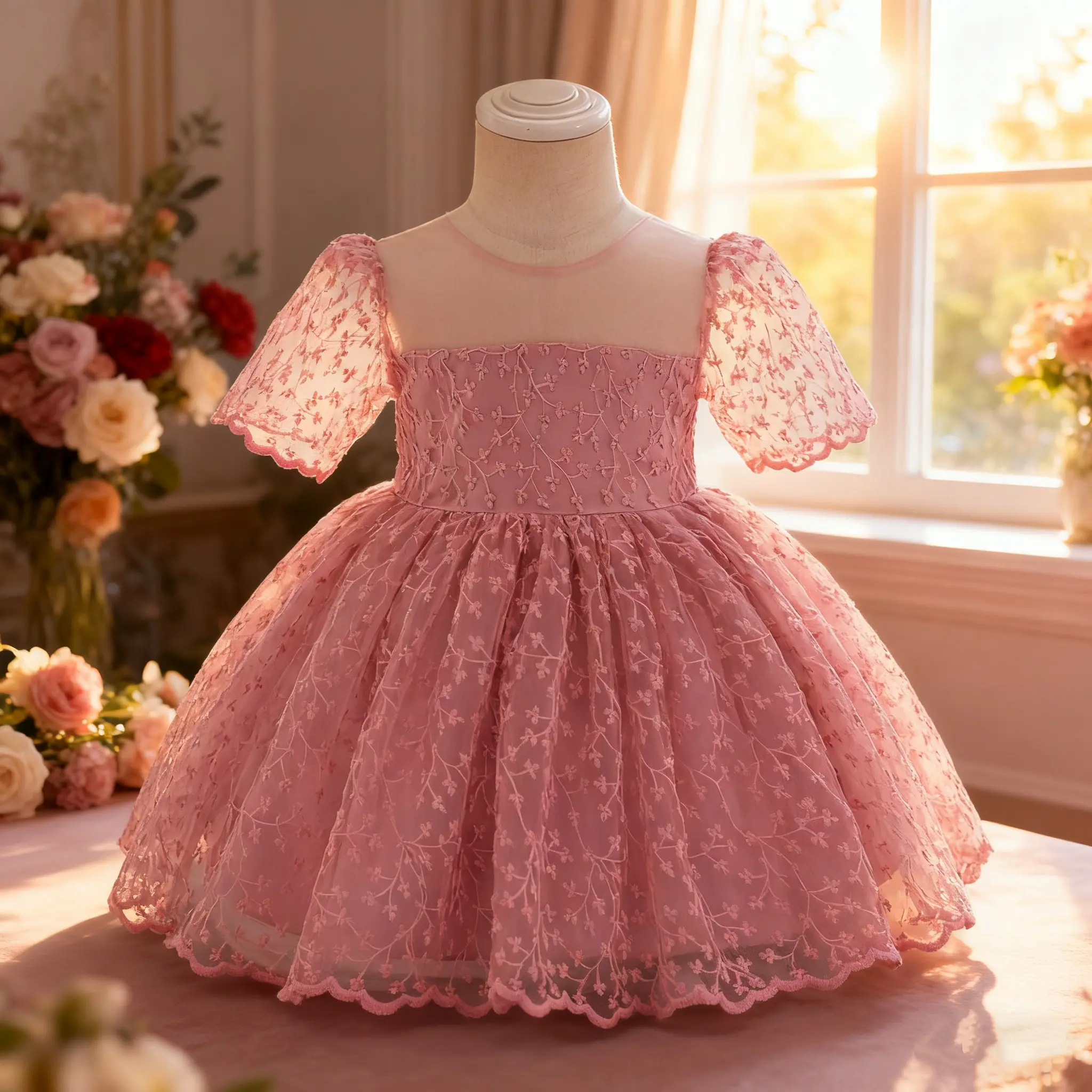 Baby Girls' Mesh Short-Sleeve Puff Tutu Dress - Baby Clothing, Dress Poof, Child-Sized Fairy Princess Formal Wear for Birthday Party, Wedding, Child-Sized Formal Dresses