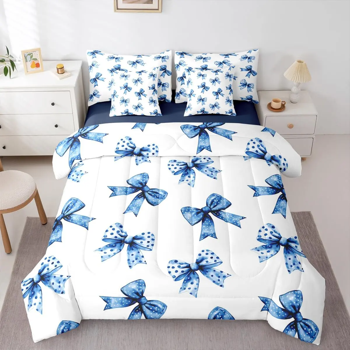Bow Comforter Sets with Sheets - Blue Bowknot Ribbon Bowtie Bedding Set Coquette 7Pcs Bed in A Bag Dreamy Princess Butterfly Knot Bed Set