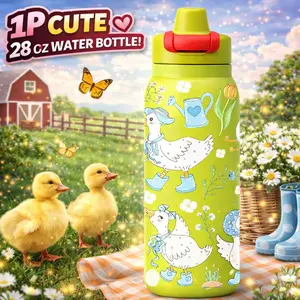 1Pc 19/24/32oz Duck and Flower Print Insulated Mug, Cute Pastel Vacuum Cup Thermo Tumbler with Lid and Straw, Keeps Hot 12H/Cold 24H, Ideal Travel Tumbler for Spring, Picnic, or Office, Adorable Gift for Girlfriend, Nature Lovers