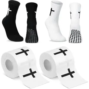 2 Sets Cross Grip Socks with 2 Pcs Christian Athletic Tape Jesus Soccer Grip Socks Cotton Sports Athletic Tape Serrated Edges for Easter Gifts Football Baseball(Black White,Cross)