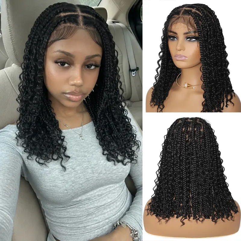 12" Short Boho Knotless Box Braids Wigs with Curly Ends HD Full Lace Synthetic Braid Wig for Black Women Glue on with Baby Hair #KnotlessBoxBraids #CurlyEndBraids #FullLaceWig #GluelessWigs #BlackGirlHairstyle #ShortProtectiveHair
