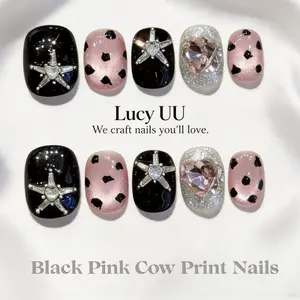 【Lucy UU】New 3D Heart Star Press On Nails Black Pink Cow Print  Shape Glossy Reusable New Rhinestone Heart Nails