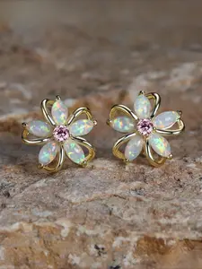 Golden color inlay pink and white synthetic opal cherry earrings wedding Valentine's gift Stud Earring Jewelry