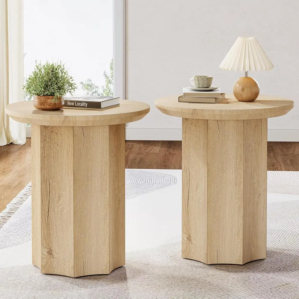 Tribesigns Modern Wooden Pedestal Round End Table Set for Living Room, Bedroom - Octagonal Base with Easy Assembly