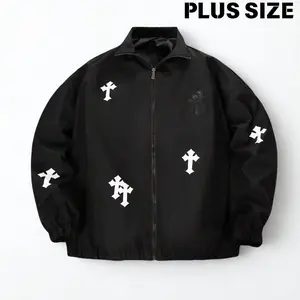 Men’s Plus Size Cross Print Zip-Up Jacket with Turn-Down Collar, Elastic Cuffs and Hem, Street Style Casual Outerwear