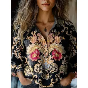Women's Bohemian printed long sleeved shirt, casual polyester blend, four season lapel button top, women's polo shirtRAIMENTRY