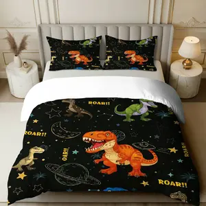 3PCS Duvet Cover Set, 1 Duvet+2 Pillowcases(Without filler), Dinosaur Space Adventure Roar Star Black theme, Halloween bedding set,  Dinosaur Space Suitable for decoration bedroom living room guestroom dormitory.