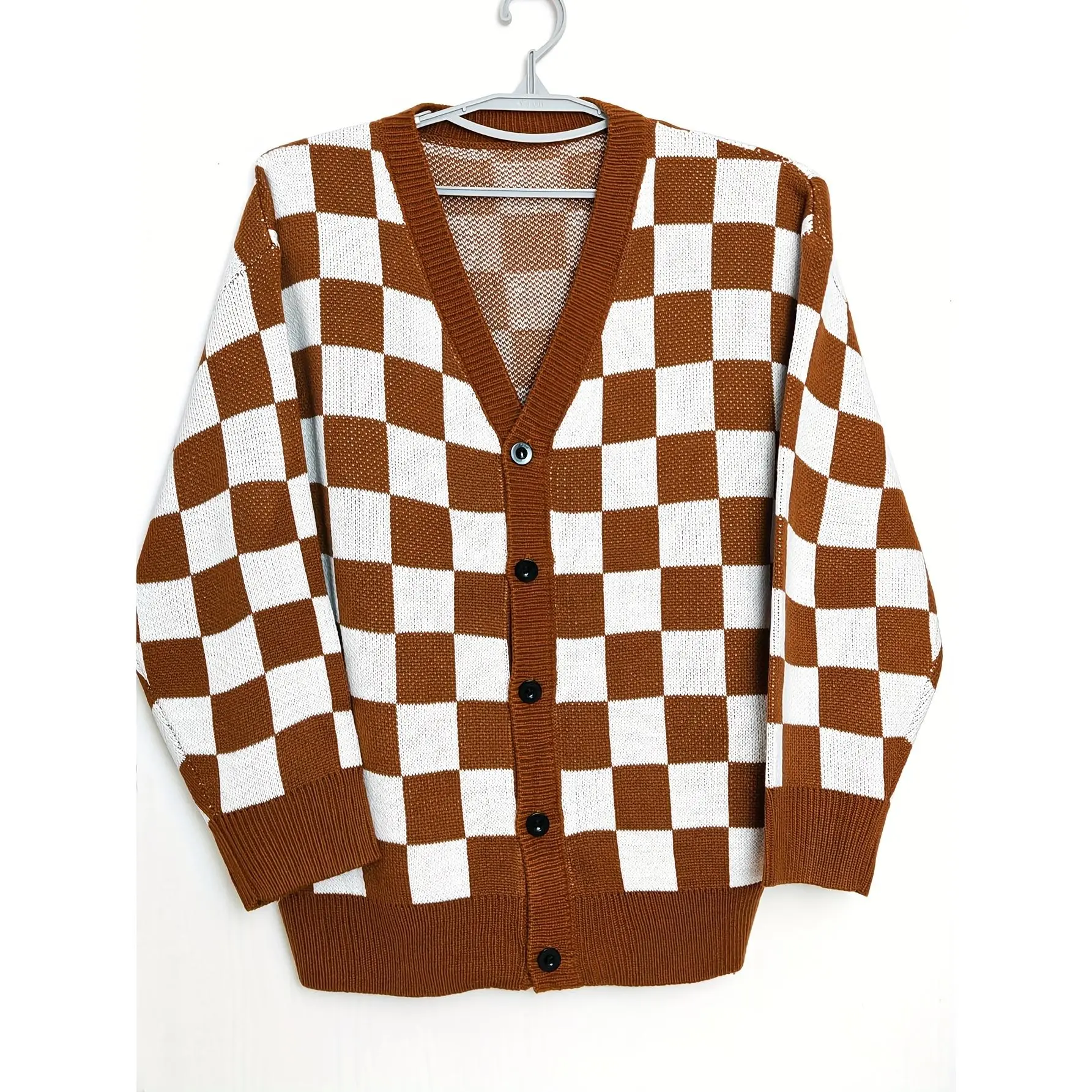 Men's Acrylic Cardigan, Preppy Geometric Long Sleeve Crew Neck Top for Party, Plus Size Menswear, Knitwear
