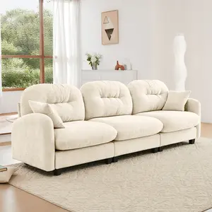 A three-seater beige modular combination sofa, made of soft velvet, high-density foam, with a quilted and pleated design, ergonomic design, elegant armrests, and a high-quality wooden base. Suitable for bedrooms and living rooms.