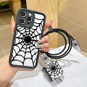 6 Piece Set Spider Web Tower Pattern Aesthetic Phone Case, Cover, Shockproof, Compatible with iPhone 11-16 Series, Includes Charger & Cable Protectors