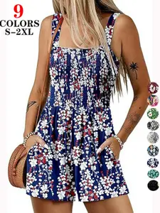 Rompers for Women 2026 Boho Casual Loose Short Overalls One Piece Sleeveless Jumpsuits with Pockets Floral Print Summer Outfits
