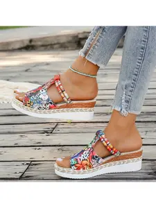 Hand-knitted outer slippers for women's summer new style fashionable wedge platform fish mouth high-heeled sandals for women's beach slippers for women