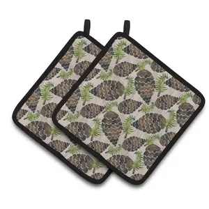212 MAIN Quilted Polyester Fabric Pot Holders - Hanging 2-Pack, Heat-Resistant, Colorful Watercolor Pine Cones Design, Oven-Use Holiday Kitchen Bakeware Accessory