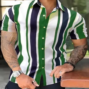 Casual Color Block Striped Men's Short Sleeve Lapel Hawaiian Shirt (without T-shirt), Summer Holiday Top
