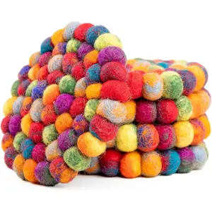 Round Felt Ball Coasters -  Table Coasters - Felt Coaster Pads, Absorbent Trivet for Drinks - Heat Resistant, Thick & Durable Hand Felted in Nepal by - Multi-Color - Set of 5