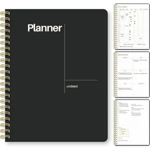Undated Weekly Planner, 8.5x11" - Dashboard Layout wh Yearly Review, Monthly Calendars, & Weekly , Spiral Bound Organizer for Work, Study & Life (Black)