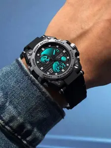 Unisex Outdoor Sports Dual Display Watch, Analog Digital Wristwatch, Quartz Watches, LED Screen + Dual Calendar + Timer + Alarm, Fashionable Rubber Strap, Buckle Closure, Alloy Case, Dial, Water Resist