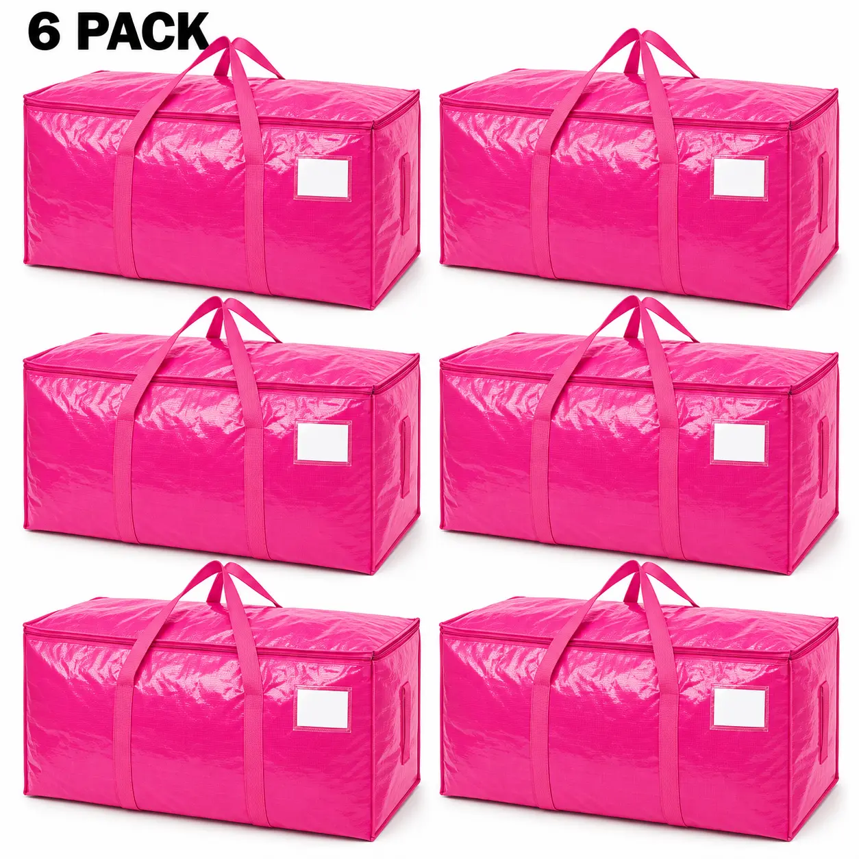 6-Pack Pink Heavy-Duty 87L Coated PE Multipack Moving Storage Bags, Extra Large 29x14x13in Foldable Totes with Zipper, Wrap-Around Handles, Writable Label Pocket for Home Organization, Moving Supplies