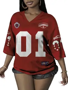 Unisex V-Neck short Sleeve Knit Top, Quick Drying Top, Loose Fit Sports Shirt, Training Shirt, Number Print, Quick-Dry Streetwear, Y2K Style, Big knitted mesh fabric Men's & Women's Apparel