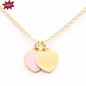 New luxury enamel pink double heart necklace, 18k gold titanium steel, versatile new style