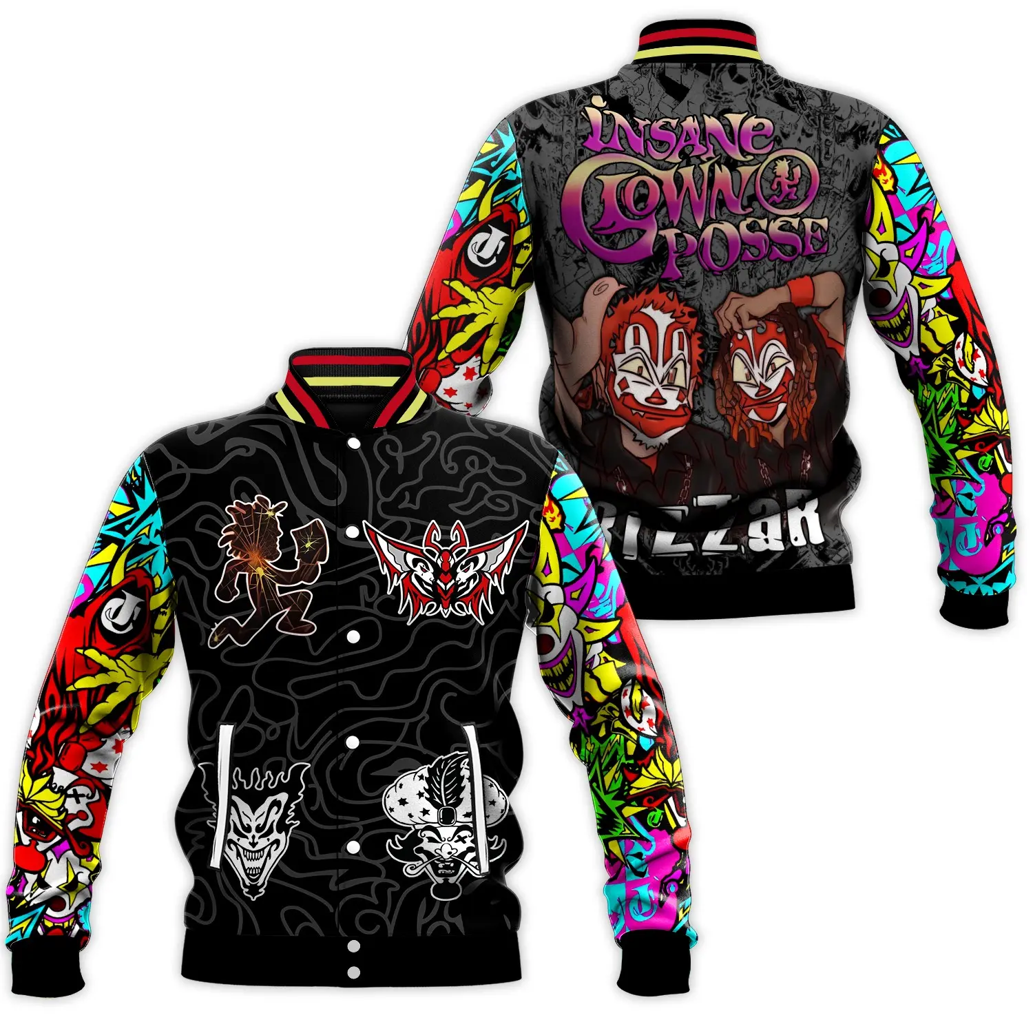 Oversized Varsity Jacket Insane Clown Posse Graphic Evil Clown Face Print Graffiti Sleeve Arts Loose Fit Casual Sporty Outerwear Button Down Coats Daily Fall Winter Clothes Outfits