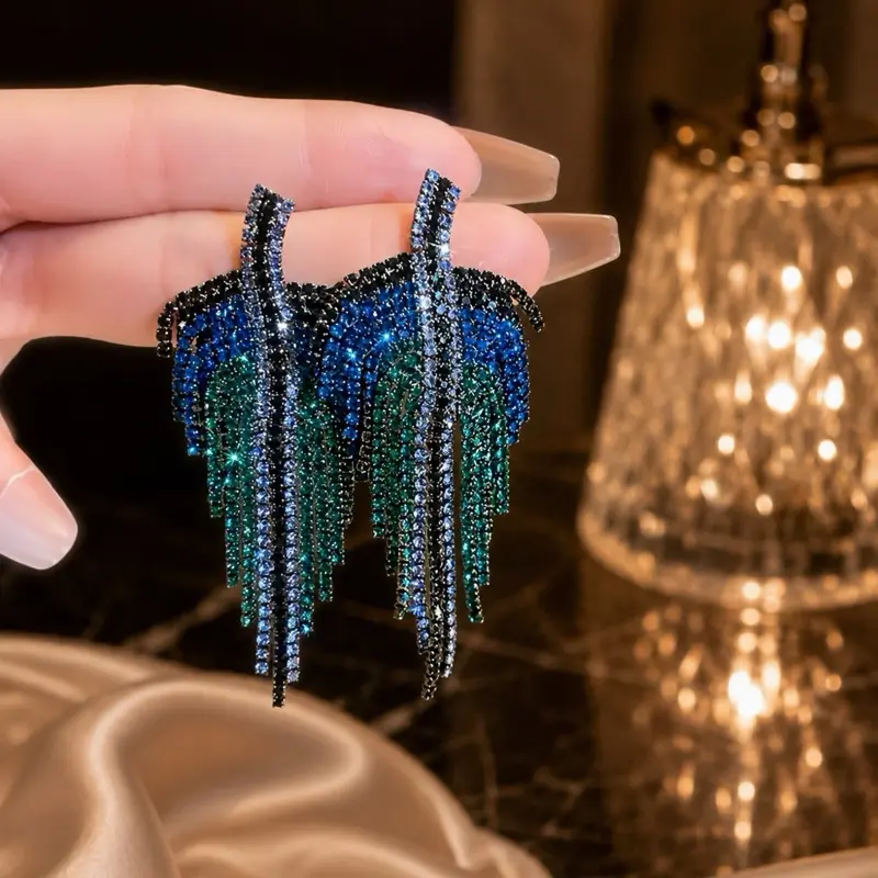 Luxe Reign Royal Sapphire-Inspired Simulated Rhinestone Tassel Statement Earrings