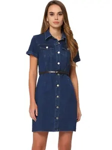 INSPIRE CHIC Denim Shirt Dress Collar Short Sleeve Belted Button Up Jean Dress