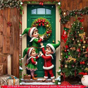 1 pc Christmas party door decoration, polyester material, three elves, Christmas wreaths, and bows with exquisite pattern design, suitable for holiday decorations-Christmas-New Year, courtyard, porch decorations