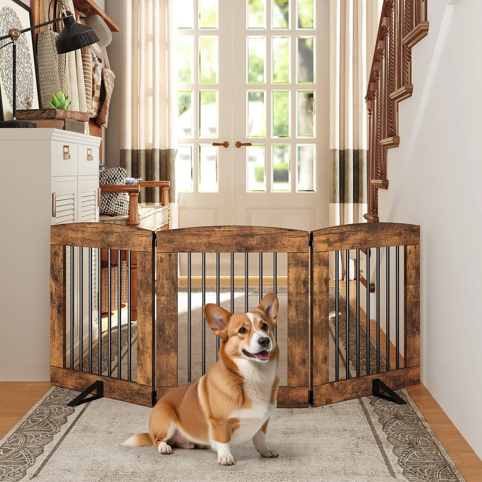 HOOBRO Foldable Dog Fence Versatile Pet Safety Gate, Freestanding Pet Gate for Doorway, Stairs, 24 Inch 3 Panels, Indoor Dog Gate with Support Feet, 360° Hinge for Easy Access, Sturdy Iron Pipe, Rustic Brown