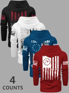 Men's Flag Series Print Hooded Long Sleeve T-Shirt, Casual Fall & Winter Outdoor Wear, 4 Pack, Fitted Letter Pattern, Tops