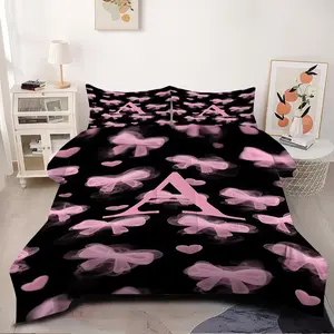 2/3Pcs Delicate Light Pink Bow and Heart Comforter Set, Whimsical Bedding Set on Black Background, Soft and Playful Bedroom Decor, Perfect for Kids and Teens to Create a Cozy Space，1 or 2 Pillowcase No Pillow Core
