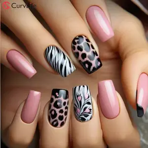 Glamorous Mysterious Animal Print Press-On Nails | CurvLife Nail | 24pcs Medium Square Fake Nails | Glossy Finish with Pink Accents & Wild Patterns | Easy to Apply, Comfortable & Long-lasting | Perfect for Party, Night , Music Festivals & Trendy Events
