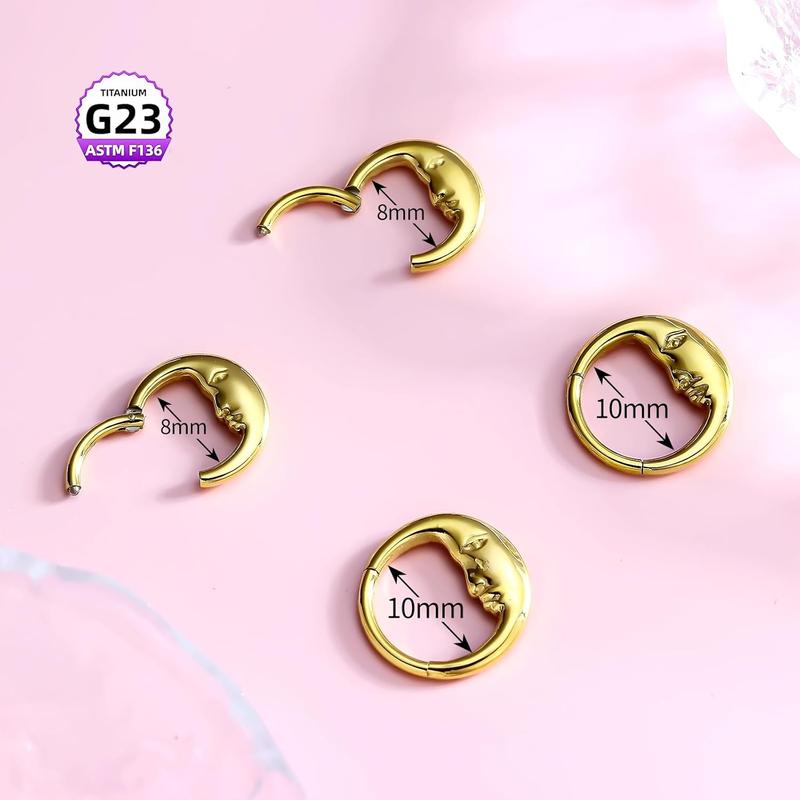2 count Nose Rings Hoops for Women-G23 Solid Titanium and 316L Surgical Steel Segment Septum Nose Rings sets,Helix Piercing Jewelry16G 8mm 10mm Teardrop Moon  Cartilage Clicker Hoop Earrings for Rook,Daith,Tragus,