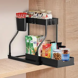 2-tier under-sink pull-out cabinet organizer with cup holder, black/white, kitchen storage rack for pantry, bathroom, countertop