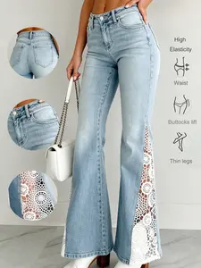 American Vintage Lace Patchwork Bohemian High Waist Flare Jeans, Stylish Denim Jeans for Women, Trendy Fashion Clothing Fit