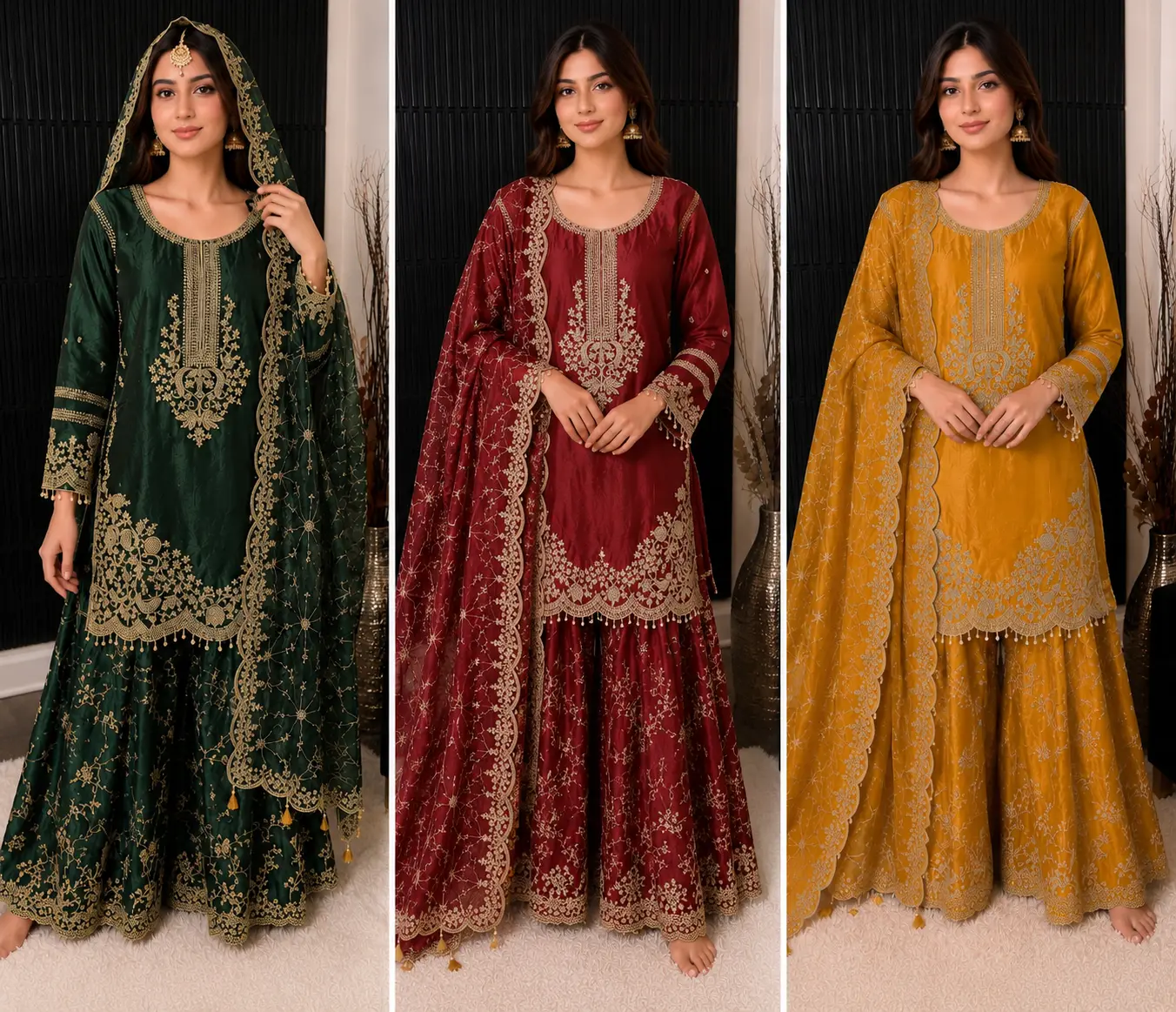 Luxury Embroidered 3-Piece Sharara Suit Set FREE SIZE | Bridal & Festive Wear