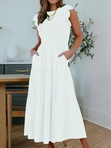 Elegant Ruffled Floral Fitted Dress for Women, Casual Summer, Perfect for Daily Wear & Special Occasions, Stylish Chic Design with Pockets Womenswear