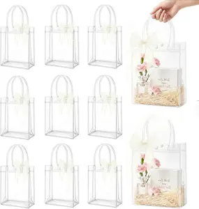 10 PCS Clear Goodie Bags with Handles - Plastic Party Favor Bag Reusable Transparent PVC Totes for Christmas Easter Valentine Wedding and Birthday(Medium Size 6.7 x 9 Inch)