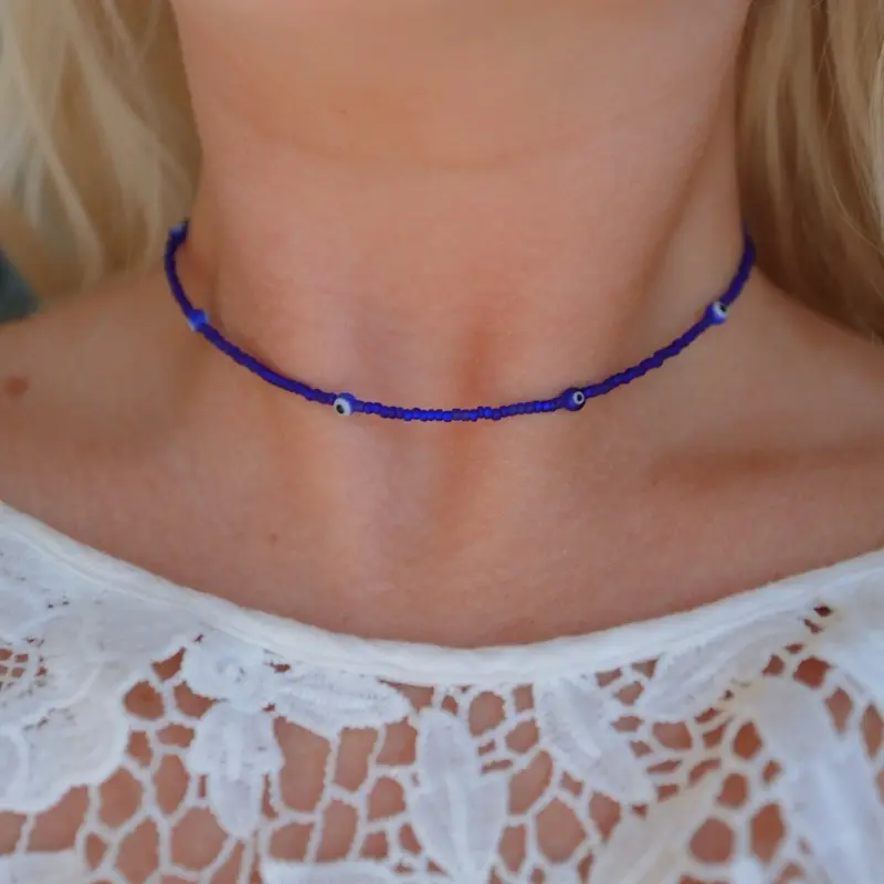 Tiny Blue Evil Eye Seed Beaded Choker Necklace
