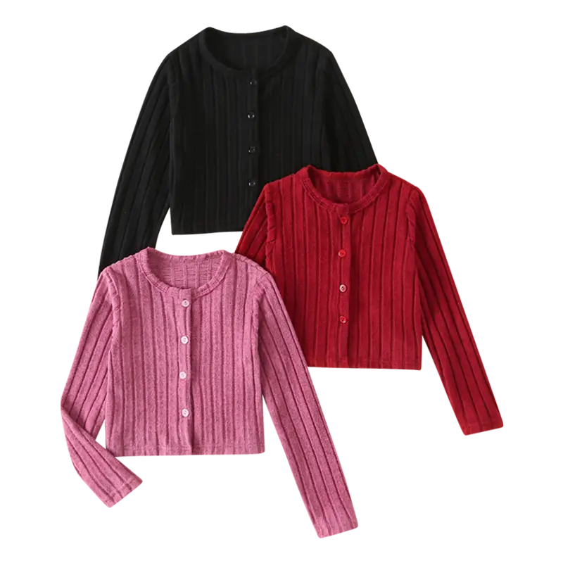 3-piece girls autumn and winter round neck knitted skin-friendly solid color children's clothing children's spring long sleeve warm and elastic fashion Joker daily coat Striped Sets