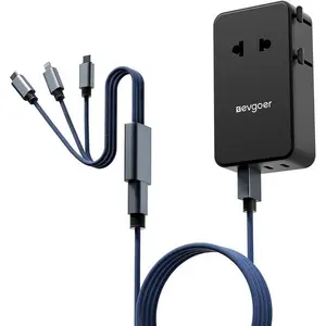 Universal Travel Adapter with 3-in-1 Charging Cable, International Power Adapter with 1 AC Outlet, 1 USB-A & 2 USB-C Ports, Works in 150+ Countries (US/EU/UK/AU), Not a Voltage Converter