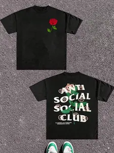 Trending Viral Anti Social Social Club Graphic T-Shirt Black Red Rose & Brand Print Front-Back Design With Spanish Slogan Oversize Fit Soft Cotton Blend Fabric Casual/Streetwear Essential Unisex Aesthetic Top Must-Have Trendy Streetwear Piece Comfy Daily
