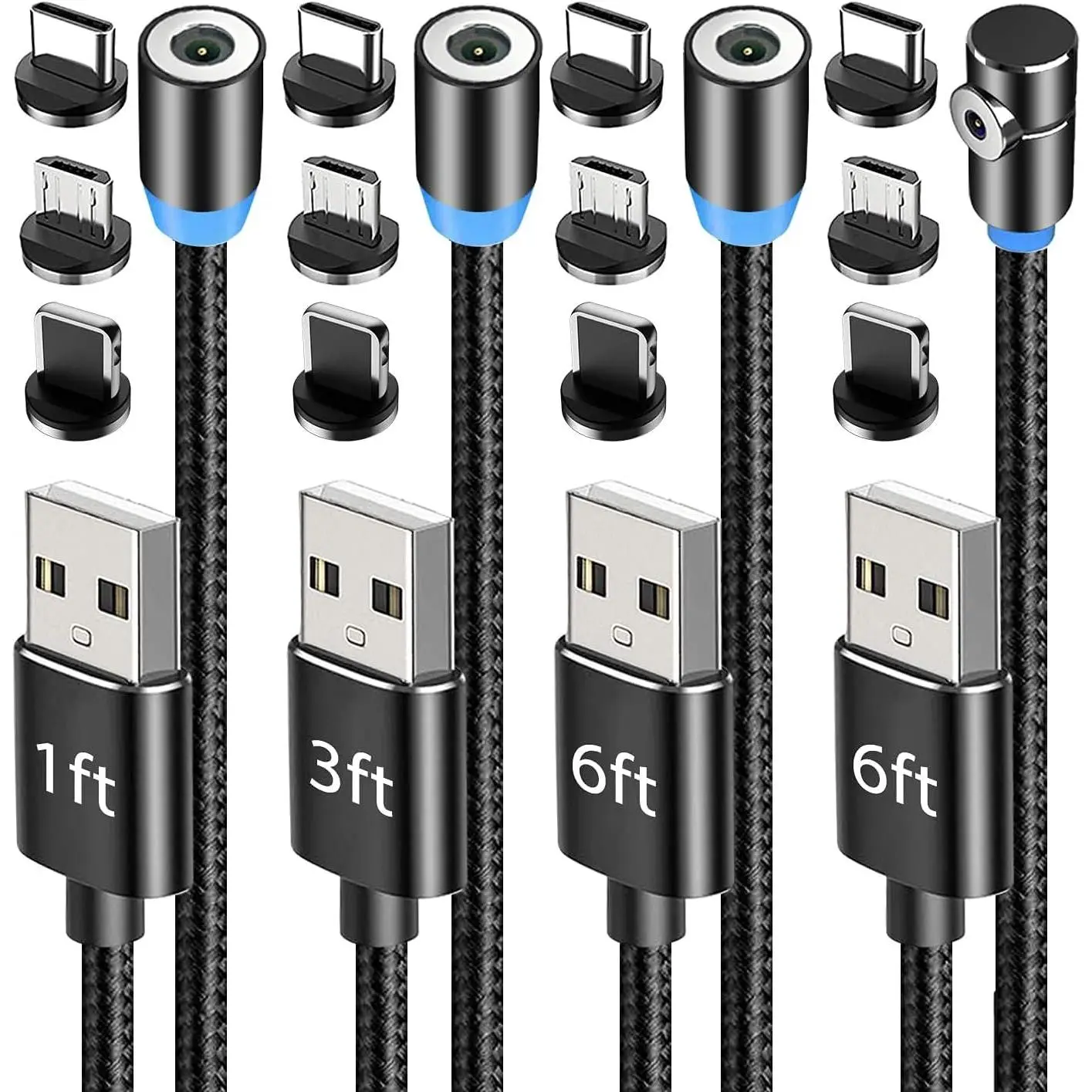 4-Pieces Nylon Braided Flexible Cords with Rotating Tip, 90° Angle Plug, LED Light, Magnetic Chargers for Smartphones & Mobile Devices (1ft/3ft/6ft/6ft)
