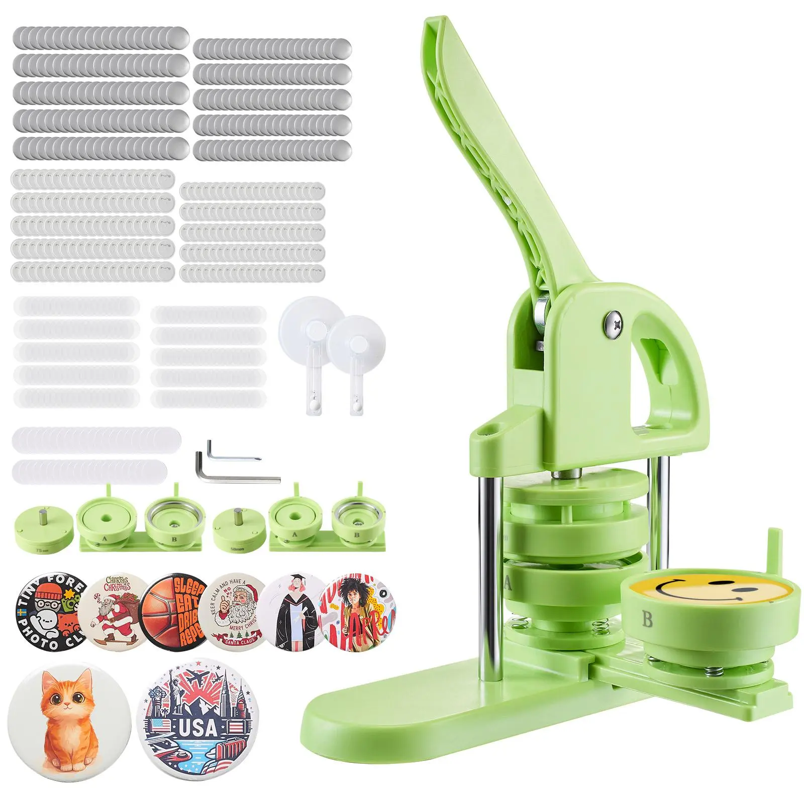 VEVOR Button Maker Machine 2-in-1 - 2.28in & 2.95in Badge Maker with 200 pcs Button Parts, Circle Cutter, Alignment Guides, Reinforced Ergonomic Handle, Magic Book for DIY Pins (Green)